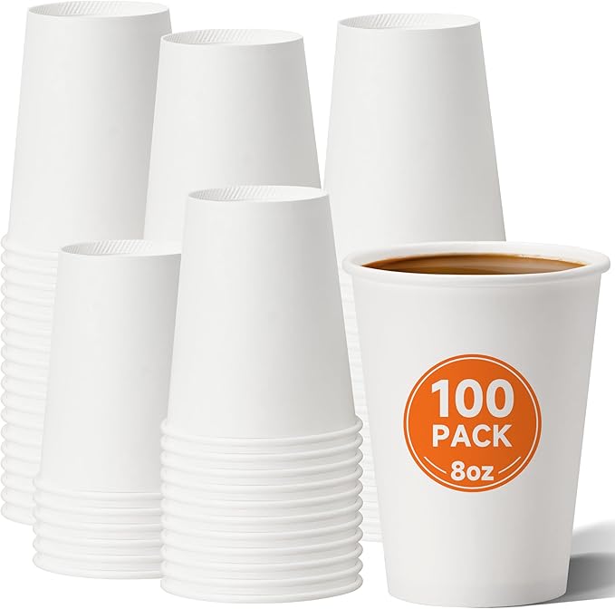 100 Pack Paper Cups, 8 oz Disposable Coffee Cup, White Paper Cups, Hot Beverage Drinking Cup for Parties, Travel, and Events
