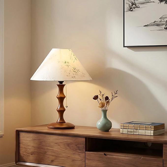 Retro Side Table Lamp Rustic Bedside Lamp with Pull Chain Switch and Linen Shade Farmhouse Nightstand Lamp Wood Desk Lamp for Bedroom Living Room Office Study