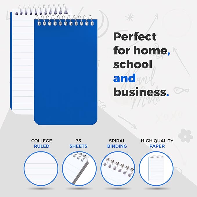 Small Notebooks, Spiral Notepads 3x5" - (Pack of 10) Pocket Notebook, Memo Pads For Home, Office, College, School - Lined College Ruled Paper - 5 Colored Notebooks, 75 Sheets Per Notebook