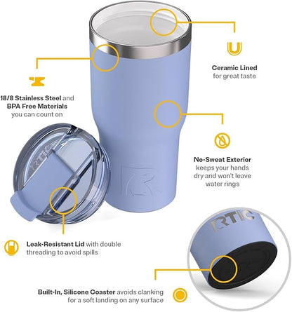 RTIC 20oz Essential Tumbler with Lid, Ceramic Lined, Insulated, Stainless Steel, Metal, Double Wall Vacuum-Insulation, Travel Cup for Iced Coffee, Tea, Hot and Cold Drink, Periwinkle
