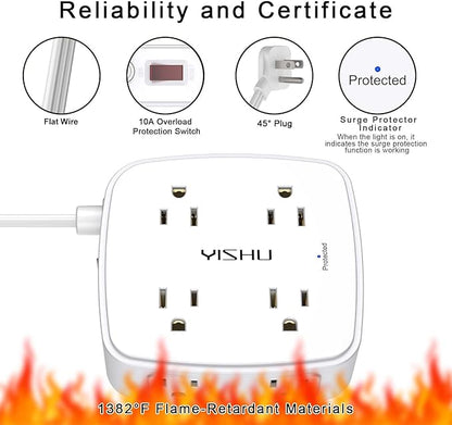 10 Ft Surge Protector Power Strip - YISHU 8 Widely Outlets with 4 USB Ports, 3 Side Outlet Extender with 10 Feet Flat Extension Cord, Ultra Flat Plug, Wall Mount, Desk USB Charging Station, ETL, White