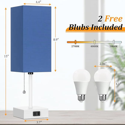 Table Lamp for Bedroom set of 2,3-Color Bedside Lamps with Pull Chain Table Lamps for Nightstand with AC Outlets,Small Night Light Lamps with 2 Bulbs Lamps for Living Room Kids Room Office Decor（Blue）