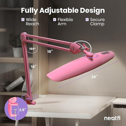 Neatfi XL LED Desk Lamp with Clamp, 2200 Lumens, 24W, 20-Inch Wide Head, Dimmable 4 Brightness Levels, Task Light for Home Office, Crafts, Workbench (Non-CCT, Pink)