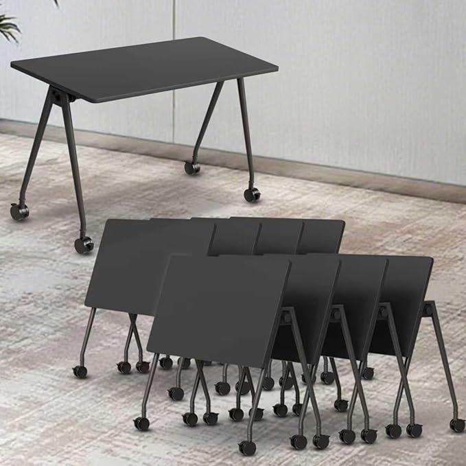 Folding Conference Table, Rectangular Conference Room Tables, Mobile Modular Training Table, Solid Steel Frame,Thickened Panel,for Offices,Meeting Room,Offices andSchools (8, A-Black, 55in)