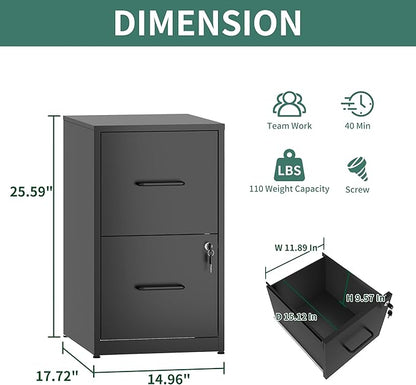 2 Drawer File Cabinet with Lock,Metal Vertical Filing Cabinets for Home Office,Heavy Duty File Storage Cabinet for Letter/Legal/A4/F4 Size File,Assembly Require (Black, Vertical 2 Drawer)