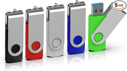 TOPESEL 5 Pack 64GB USB 3.0 Flash Drive Memory Stick Thumb Drives Swivel USB Stick Pen Drive(5 Mixed Colors: Black Blue Green Red Silver)