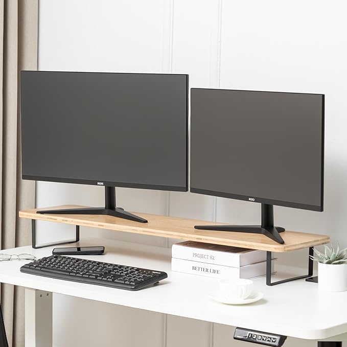 Dual Monitor Stand Riser,41.3'' Solid Bamboo&Steel Computer Monitor Riser, Large Monitor Stand Suitable for 2 Monitors, Tvs, and Printers-Natural Color
