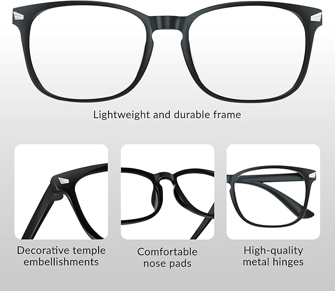 Blue Light Glasses for Woman Men | 99% Blue Light Blocking Glasses for Computer Gaming TV Phone Screen Square Frame | Anti Eyestrain & UV Glare Protection - 3 Pair