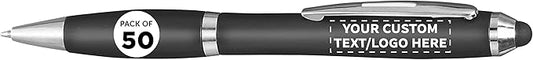 DISCOUNT PROMOS Custom Plastic Stylus Pens Set of 50, Personalized Bulk Pack - Black Ink, Great for Office, School, Business, Tradeshows, Events - Black