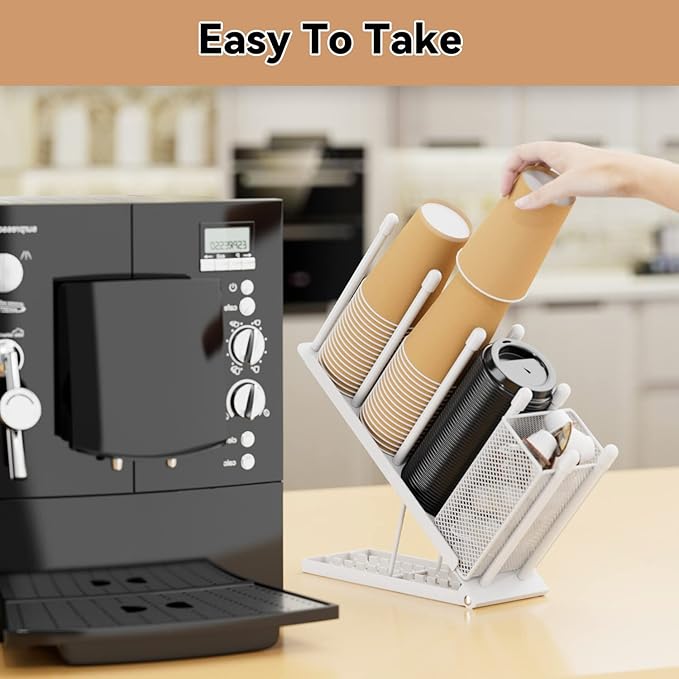 OVICAR Cup and Lid Holder - Adjustable Coffee Cup Holder Organizer 4 Compartment Disposable Cup Dispenser with Coffee Pod Straw Storage Basket for Coffee Station Bar Countertop Breakroom Metal White