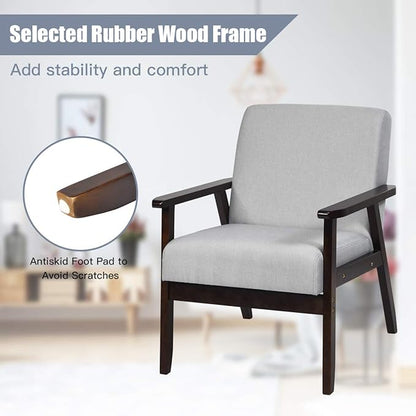 Giantex Mid-Century Modern Accent Chair, Retro Fabric Armchair, Solid Hardwood Made, Upholstered Linen Lounge Arm Chair for Living Room (1, Light Grey)