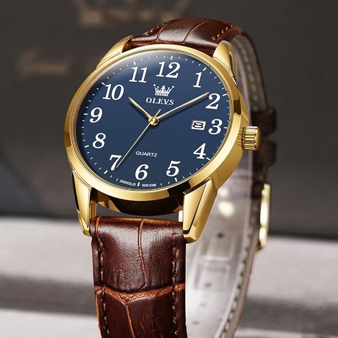 OLEVS Mens Watches Vintage Leather Band Dress Classic Easy Reader Arabic Numerals Analog Quartz Waterproof Date and Day Blue/Black/White Large Face Men's Wrist Watches