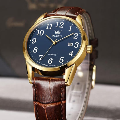 OLEVS Mens Watches Vintage Leather Band Dress Classic Easy Reader Arabic Numerals Analog Quartz Waterproof Date and Day Blue/Black/White Large Face Men's Wrist Watches