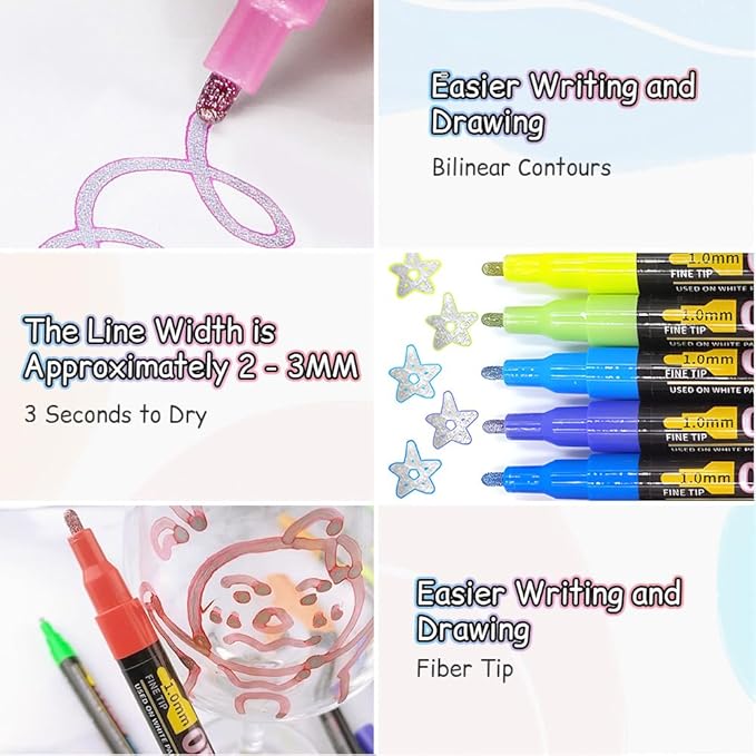 Marker Pen for Highlight,Dual-Line Highlighter Outline Marker Set, Metallic Paint Markers for Black Paper Pens Glitter Markers Scrapbook Supplies (12 Colors)