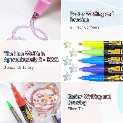 Marker Pen for Highlight,Dual-Line Highlighter Outline Marker Set, Metallic Paint Markers for Black Paper Pens Glitter Markers Scrapbook Supplies (12 Colors)