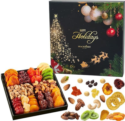 Christmas Dried Fruit & Nuts Gift Basket Arrangement Platter, Gourmet Food Snack Box, Healthy Kosher (3-Pack)