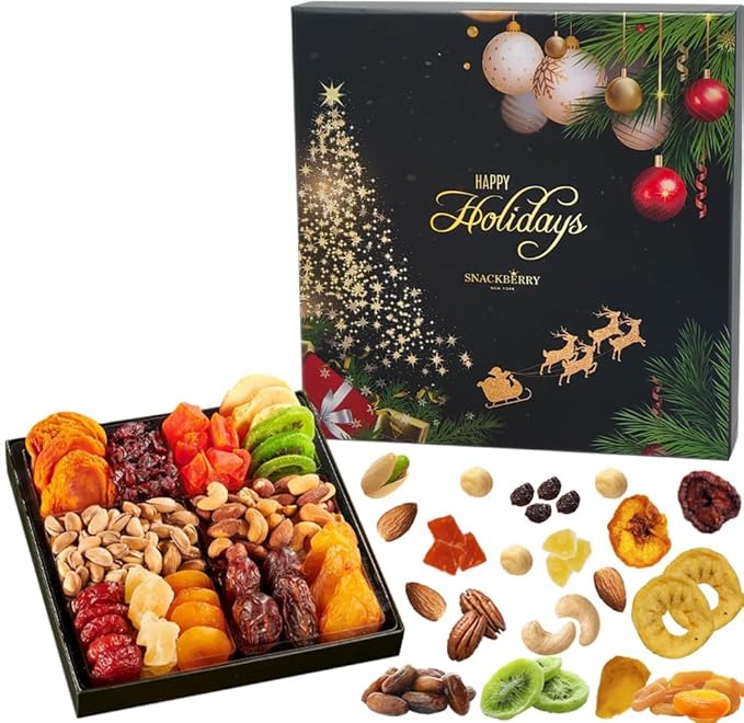 Christmas Dried Fruit & Nuts Gift Basket Arrangement Platter, Gourmet Food Snack Box, Healthy Kosher (2-Pack)