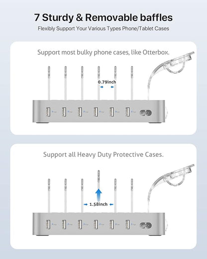 SooPii Premium 6-Port USB Charging Station Organizer for Multiple Devices, 6 Short Charging Cables and One Upgraded i-Watch Charger Holder Included, for Phones,Tablets and Other Electronics, Silver