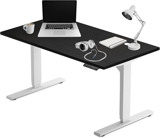 Progressive Desk Stand Up Height Adjustable Electric Standing Desk - 55" x 28" with Dual Motor, 3 Stages Sit Stand Table for Home Office - Ebony Oak, White Frame