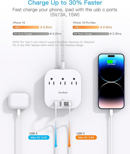 One Beat Power Strip with USB C, 3 Outlets 4 USB Ports (22.5W/4.5A) Desktop Charging Station, Flat Plug, 5ft Braided Extension Cord, Non Surge Protector for Travel, Cruise Ship, ETL Listed (Pack of 2)