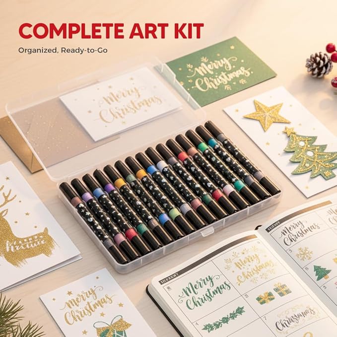 Colors Dual Tip Glitter Gel Pen Set, 2025 Upgrade Fiber Tips Smooth Sparkle Paint Markers Pen for Adults Coloring, Shimmer Metallic Glitter Markers for DIY Crafts Christmas Cards Making (12)