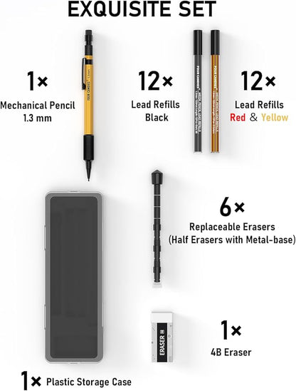 Four Candies 1.3mm Mechanical Pencil Set — Heavy Duty Carpenter Pencil with Lead Refills & Eraser