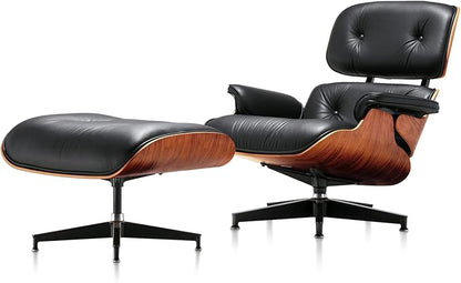 Mid Century Chaise Lounge Chair with Ottoman, Top Black Grain Leather, Modern Office Chair Classic Design, Heavy Duty Base Support for Living Room Study Lounge Office