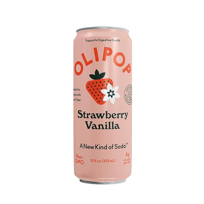 OLIPOP Prebiotic Soda Pop, Strawberry Vanilla, Pantry Pack Packed with Prebiotics, Fiber, and Botanicals, Gluten Free, Vegan, GMO Free, 12oz Skinny (12-Cans)
