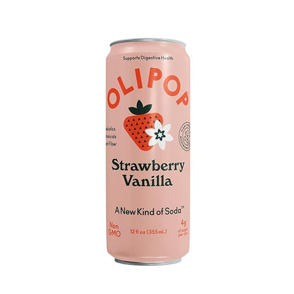 OLIPOP Prebiotic Soda Pop, Strawberry Vanilla, Pantry Pack Packed with Prebiotics, Fiber, and Botanicals, Gluten Free, Vegan, GMO Free, 12oz Skinny (12-Cans)
