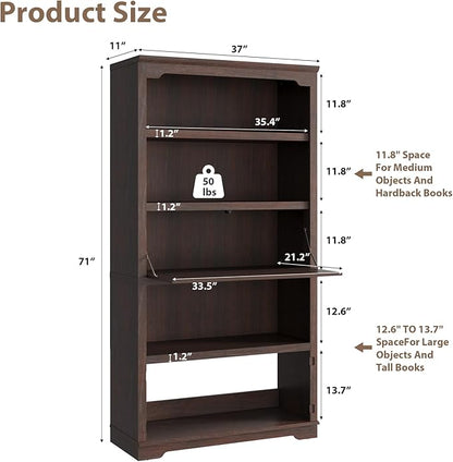 HIFYOBRO 71" Tall Bookcase, 5-Tier Open Display Storage Shelf, 37 inch Wide Freestanding Bookshelves with Flip-Down Door on 3rd Book Shelf for Home, Office, Library, 37" W * 11" D * 71" H (Cherry)