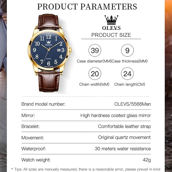 OLEVS Mens Watches Vintage Leather Band Dress Classic Easy Reader Arabic Numerals Analog Quartz Waterproof Date and Day Blue/Black/White Large Face Men's Wrist Watches