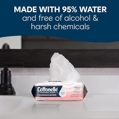 Cottonelle Fragrance Free Flushable Wet Wipes, Adult Wet Wipes, 8 Flip-Top Packs, 42 Wipes Per Pack