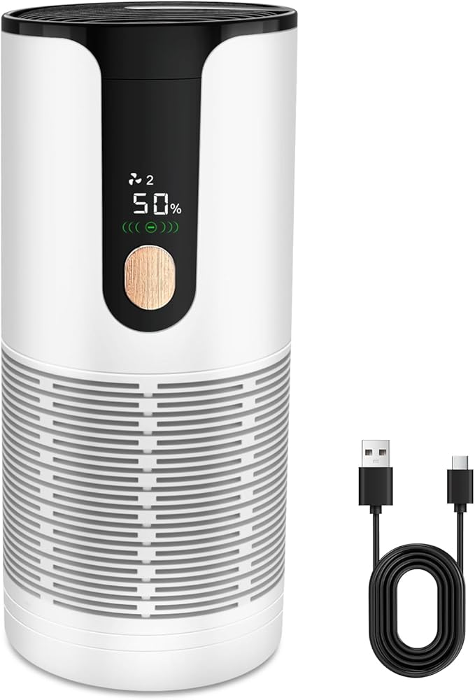 Mini Car Air Purifier-True HEPA Portable Small Air Purifier with LCD Display,15dB Quiet,USB-C Charging,Filters Smoke/Dust/Pet Dander in Car/Office/Desk/Travel（White）