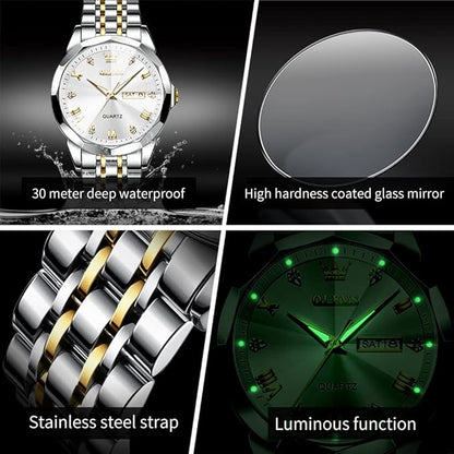 OLEVS Watches for Men Diamond Business Dress Analog Quartz Stainless Steel Date Luxury Casual Fashion Wrist Watch Waterproof Luminous