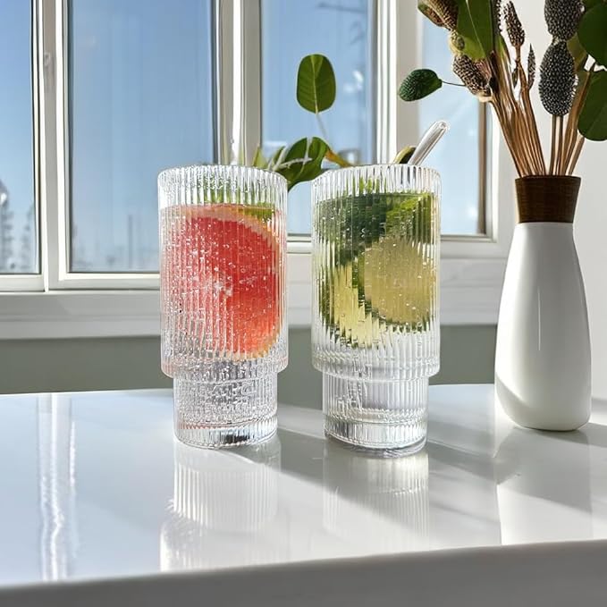 Glass Cups with Lids and Straws - 16 oz Iced Coffee Cups, Vintage Ribbed Drinking Glasses with Bamboo Lids, Glass To-Go Cup, Party, Tumbler for Juice, Beer, Coffee, Milk, Cocktail, Water (4 Pack)