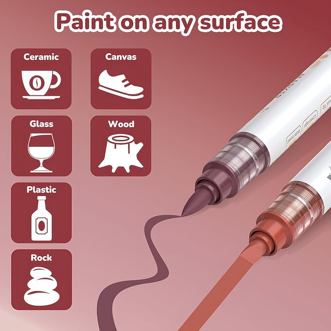 Guangna 12 Red Brown Dual Tip Acrylic Paint Markers, Brush Tip & Chisel Tip Acrylic Paint Pens for Pumpkin Paint, Rock, Wood, Glass, Paper, Coloring Book, Ceramic, Canvas, Water-Based Ink