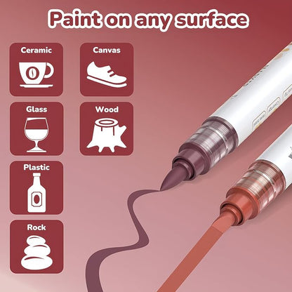 Guangna 12 Red Brown Dual Tip Acrylic Paint Markers, Brush Tip & Chisel Tip Acrylic Paint Pens for Pumpkin Paint, Rock, Wood, Glass, Paper, Coloring Book, Ceramic, Canvas, Water-Based Ink