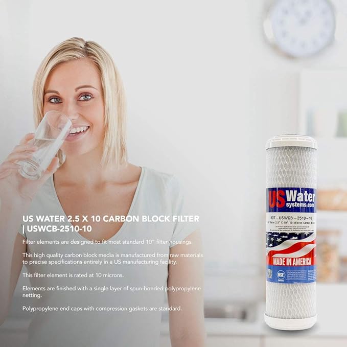US Water Systems Carbon Water Filter 10 X 2.5, Whole House Water Filter Cartridge 10 Micron, Removes Contaminants for Superior Taste and Odor Removal, Made in the USA