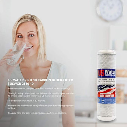 US Water Systems Carbon Water Filter 10 X 2.5, Whole House Water Filter Cartridge 10 Micron, Removes Contaminants for Superior Taste and Odor Removal, Made in the USA