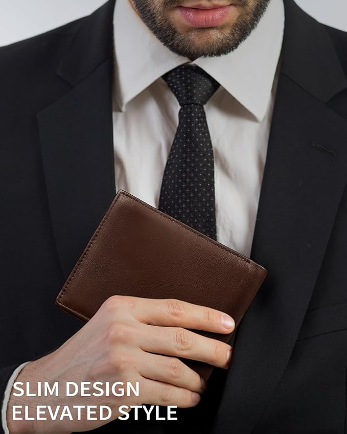 Genuine Leather Wallet for Men Bifold RFID Blocking Wallets with 12 Card Slots, 2ID Window & 2 Cash Pocket - Includes Gift Box (Brown)