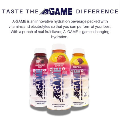 A-Game Zero Sugar Sports Drink, Strawberry Lemonade Zero, Sugar Free Hydration Sports Beverage, 8 Vitamins Plus Electrolytes, Natural Flavors, Gluten Free & Keto Friendly, 16.9 Fl Oz (Pack of 12)