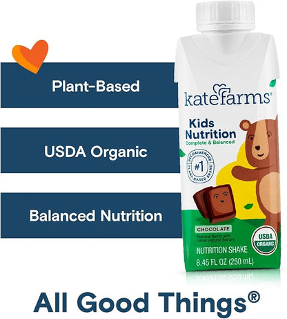 KATE FARMS Organic Kids Nutrition Chocolate Shake, 8g Protein, 27 Vitamins and Minerals, Meal Replacement, Gluten Free, Non-GMO, 8.45 oz (6 Pack)