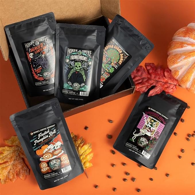 Bones Coffee Company Fall Favorites Pack, 5 Assorted Flavored Coffee Low Acid Medium Roast Arabica Beans Specialty Coffee Gifts, Auto Drip and French Press Compatible, 4 oz Pack of 5 Ground