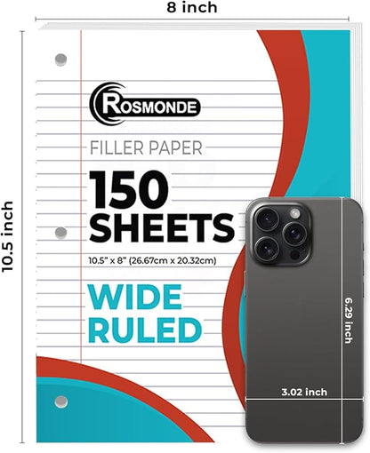 Rosmonde Loose Leaf Paper Bulk, 6750 Sheets, Wide Ruled, 8 x 10.5", Filler Papers for Office, 56 Gsm Thick Sheets, 3 Hole Punched for Binders, 45 Pack, 150 Sheets/Pack, Bulk Notebook Paper, White