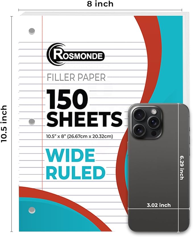 Rosmonde 6 Pack Loose Leaf Paper, 900 Sheets, Wide Ruled, 8" x 10.5", Bulk Notebook Paper, 150 Sheets/Pack, Fits Standard 3 Ring Binders, Wide Ruled Filler Paper for School, White Notebook Paper