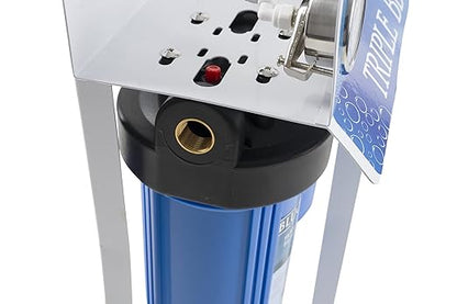 Bluonics Complete Whole House Well Water Filtration System 12 GPM 55W UV Purifier with Triple 4.5"x10" 55W UV, Activated Carbon & Sediment 5, 20 & 40 Micron Pre-Filter + Extra Filters & UV Bulb