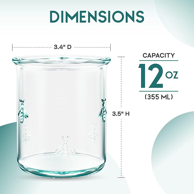 Amici Home Regina DOF Glass | 12 Oz | Italian Made, Recycled Green Glass | Drinking Glass with Embossed Bee Design for Water, Juice, Iced Tea, Cocktails (Set of 6)