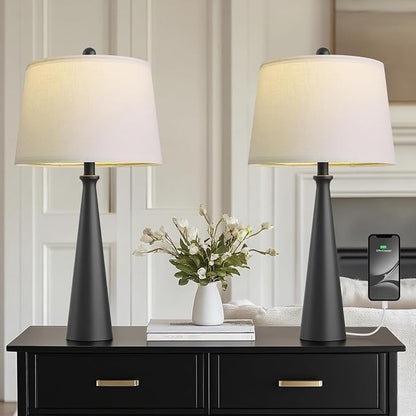 Oneach 25.75" Modern Table Lamp Set of 2, Bedside Lamps with USB Ports, Black Nightstand Lamps Set for Living Room Bedroom House Bedside Home Office Family