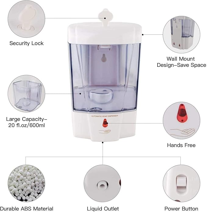 Automatic Soap Dispenser - Touchless Sensor Soap Pump,Wall-Mounted Hand Sanitizer Dispenser, Battery Operated for Hospital Offices Bathroom Hotel Commercial,Ultra-Large Capacity (600ml) White