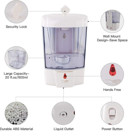 Automatic Soap Dispenser - Touchless Sensor Soap Pump,Wall-Mounted Hand Sanitizer Dispenser, Battery Operated for Hospital Offices Bathroom Hotel Commercial,Ultra-Large Capacity (600ml) White